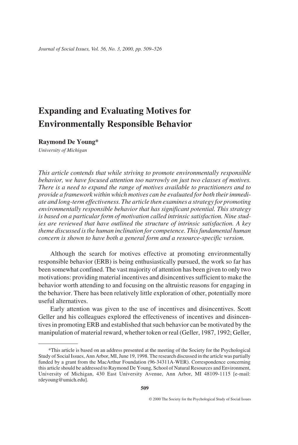Expanding and Evaluating Motives for Environmentally Responsible Behavior