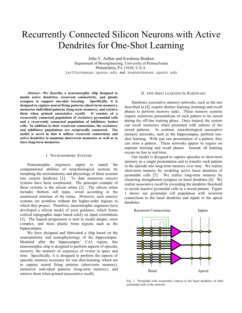 Recurrently Connected Silicon Neurons with Active Dendrites for One-Shot Learning