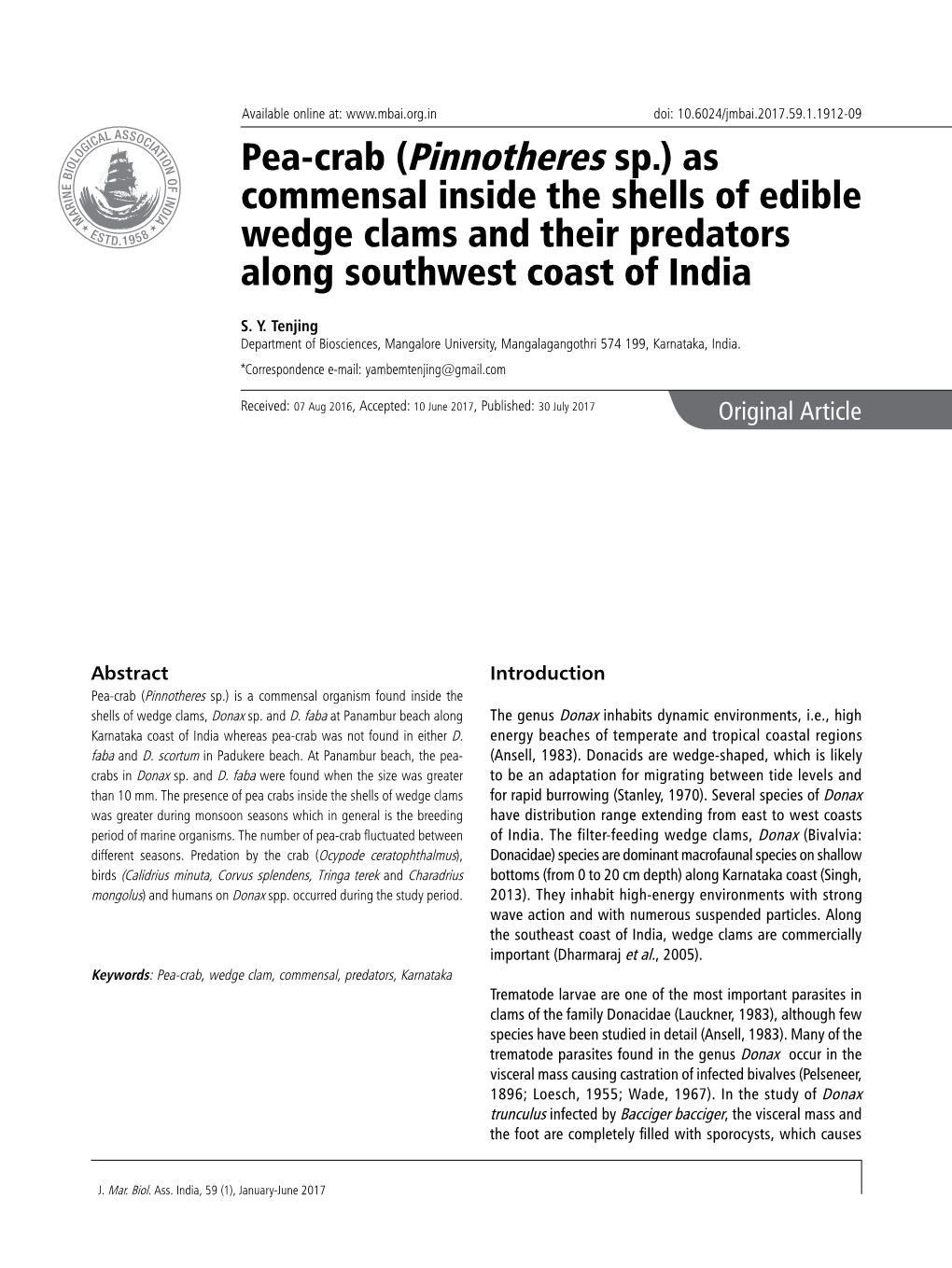 Pea-Crab (Pinnotheres Sp.) As Commensal Inside the Shells of Edible Wedge Clams and Their Predators Along Southwest Coast of India