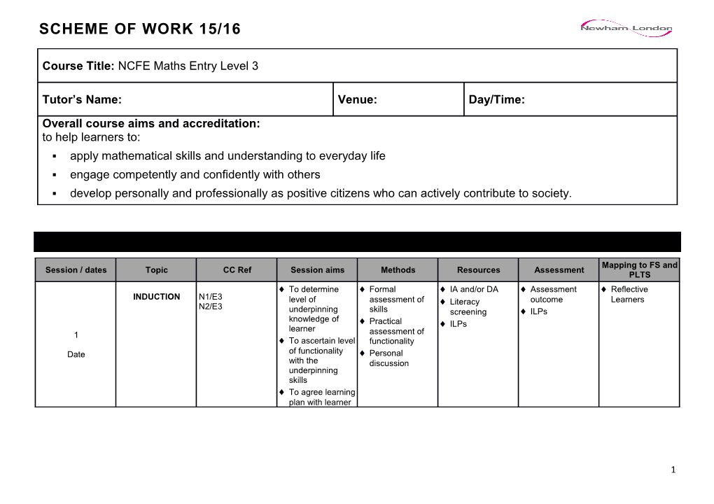 SCHEME of WORK (To Be Completed by the Tutor at the Start of the Course Programme)