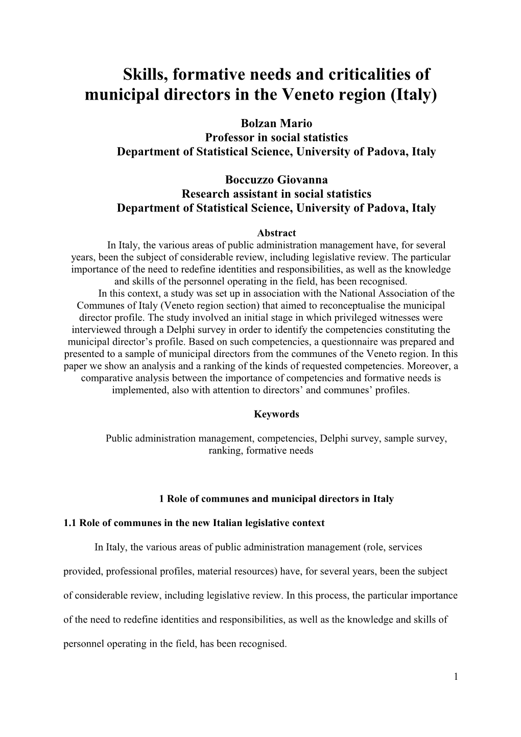 Analisi Del Fabbisogno Formativo Del Personale Dirigente Dei Comuni Della Regione Veneto