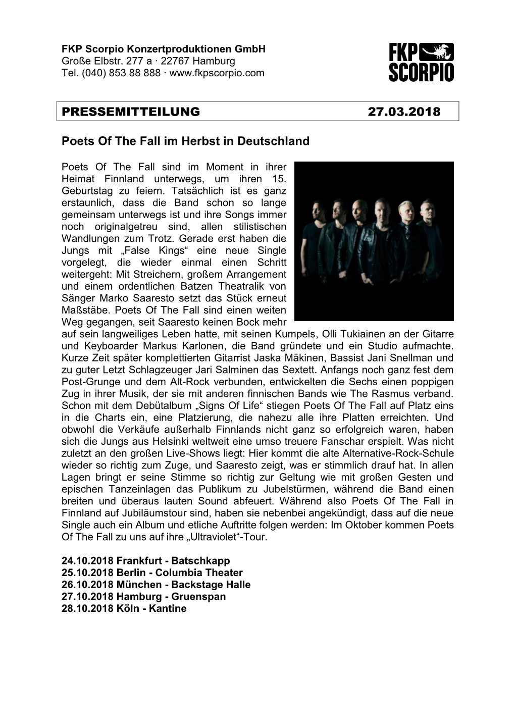 PRESSEMITTEILUNG 27.03.2018 Poets of the Fall Im Herbst In