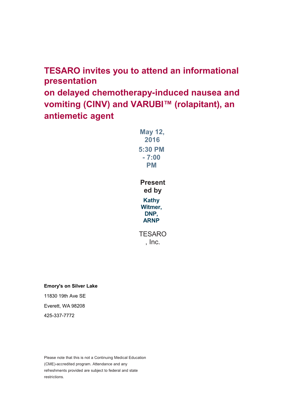 TESARO Invites You to Attend an Informational Presentation