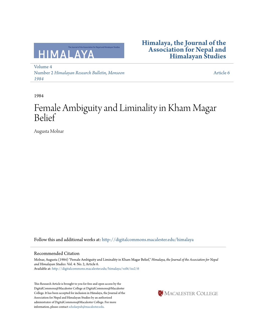 Female Ambiguity and Liminality in Kham Magar Belief Augusta Molnar