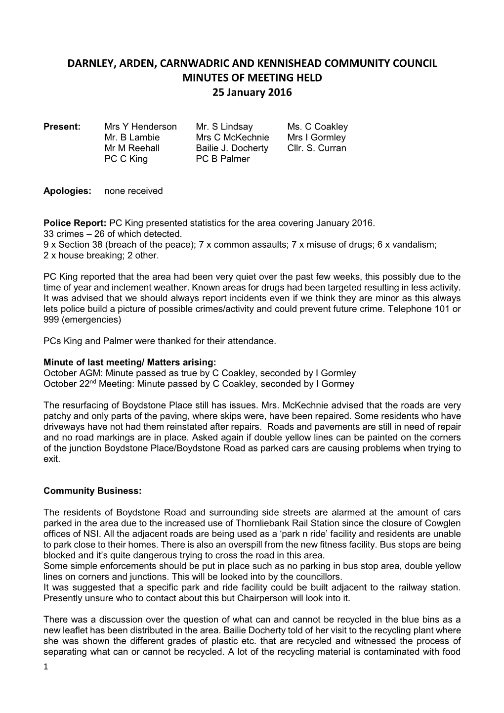 DARNLEY, ARDEN, CARNWADRIC and KENNISHEAD COMMUNITY COUNCIL MINUTES of MEETING HELD 25 January 2016