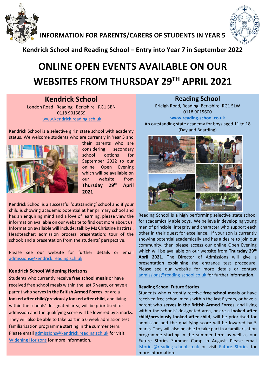 Reading School – Entry Into Year 7 in September 2022 ONLINE OPEN EVENTS AVAILABLE on OUR WEBSITES from THURSDAY 29TH APRIL 2021