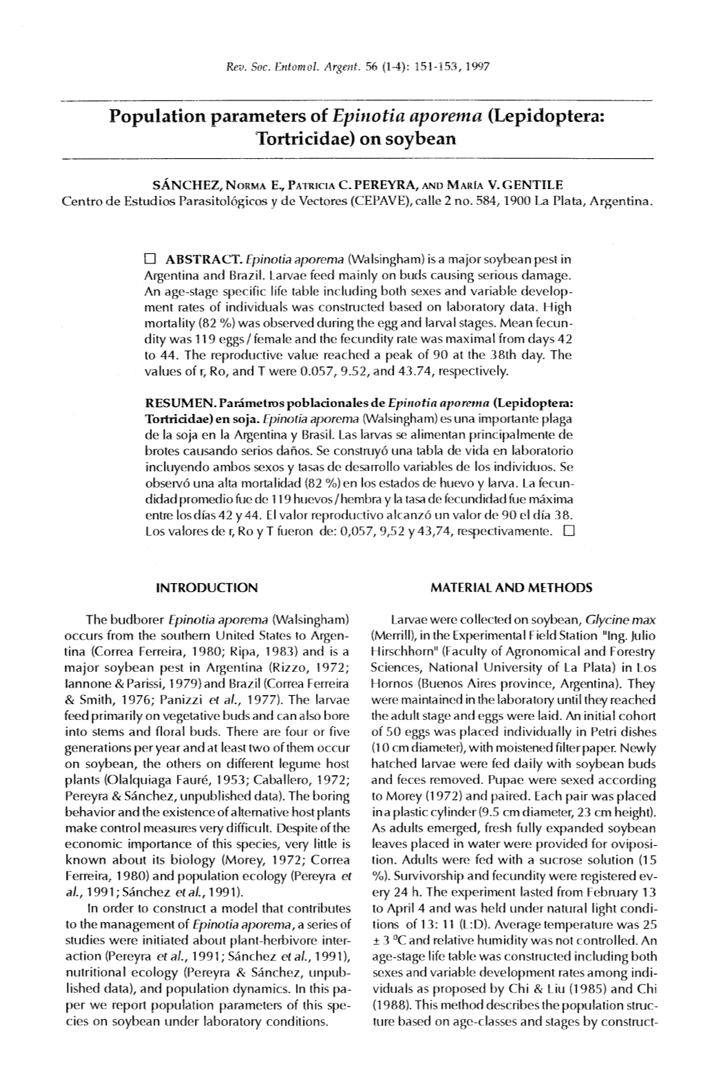 Population Parameters of Epinotia Aporema (Lepidoptera: Tortricidae) on Soybean