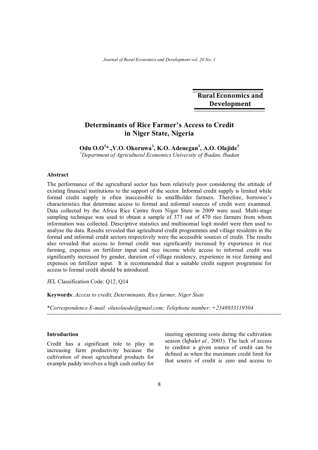 Determinants of Rice Farmer's Access to Credit in Niger State, Nigeria