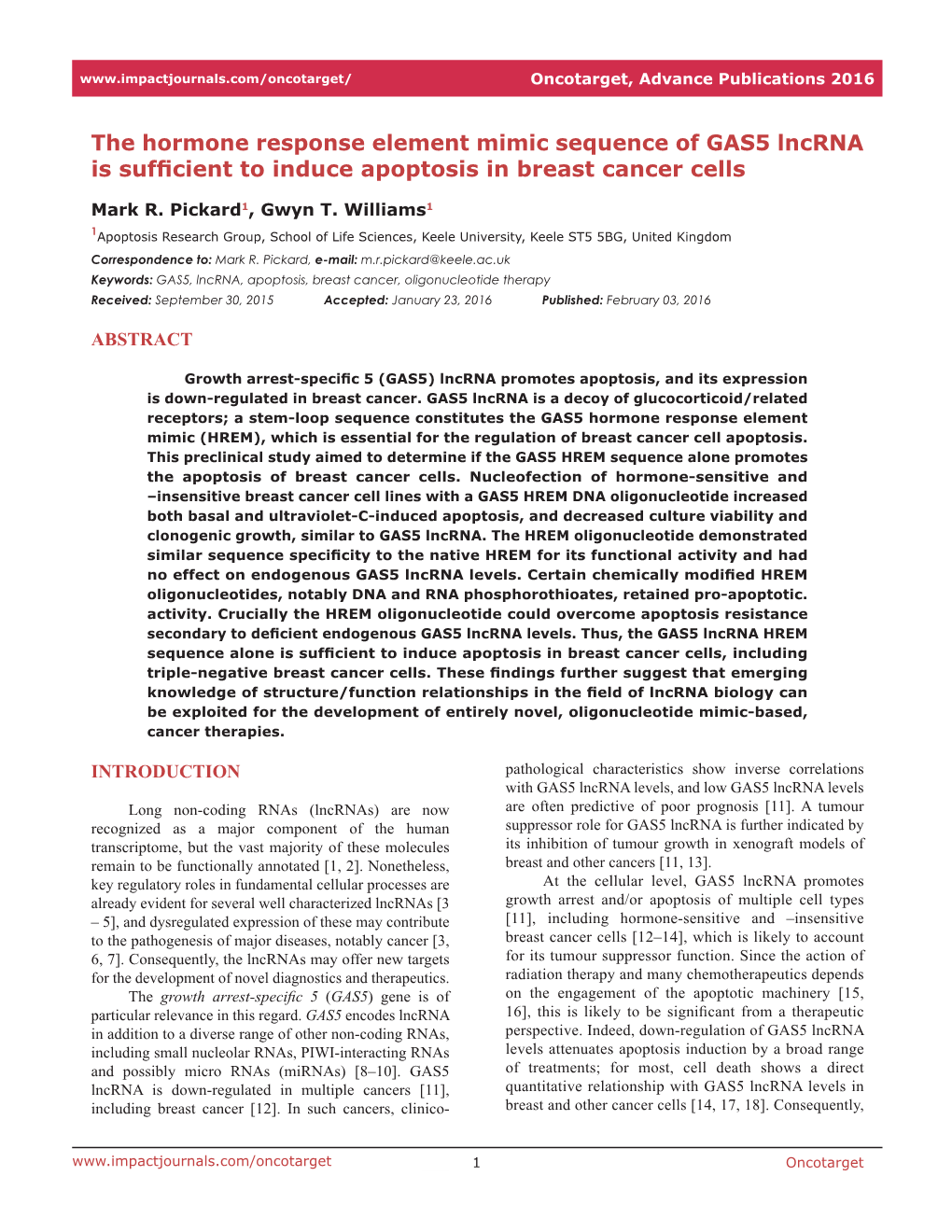 The Hormone Response Element Mimic Sequence of GAS5 Lncrna Is Sufficient to Induce Apoptosis in Breast Cancer Cells