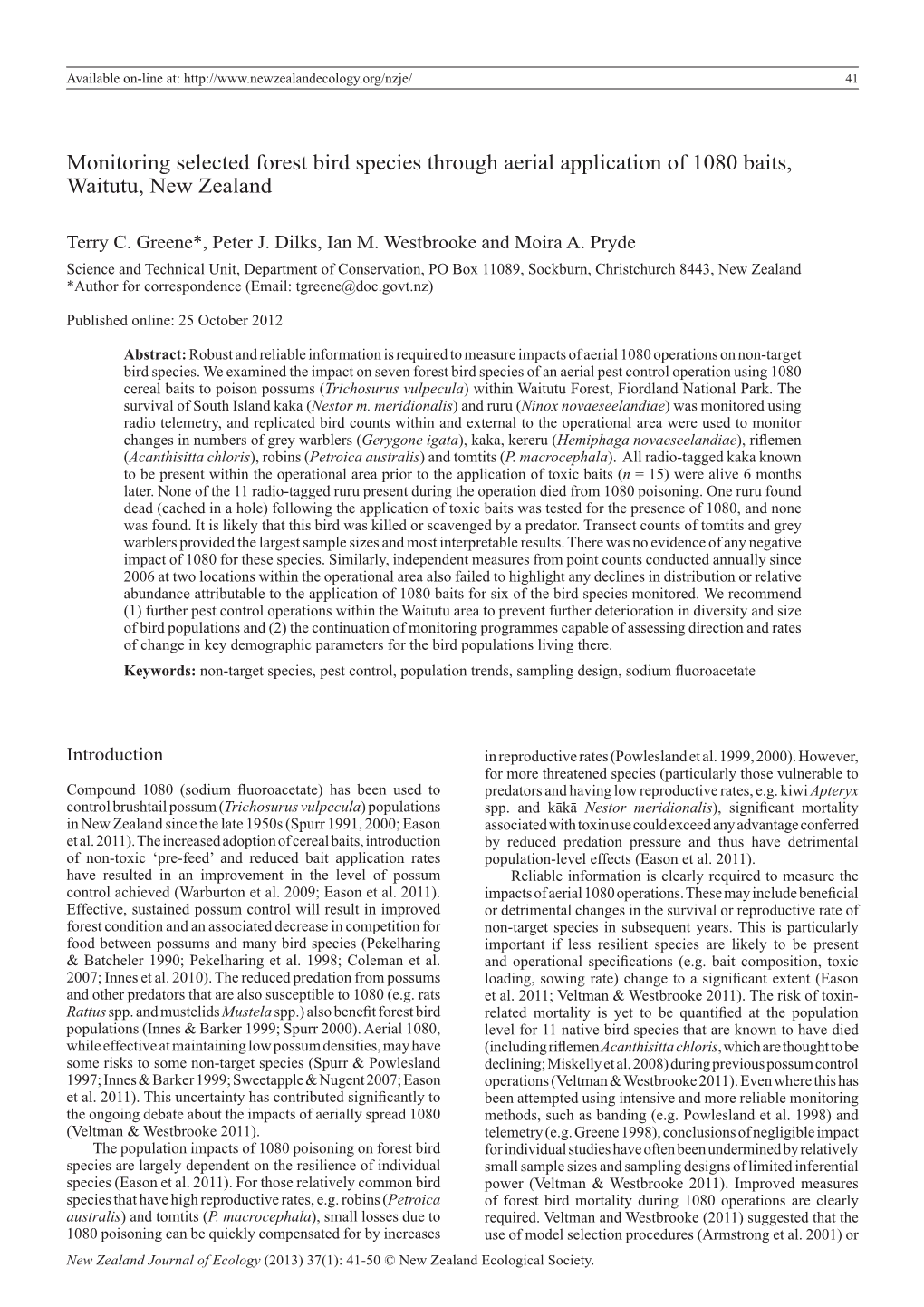 Monitoring Selected Forest Bird Species Through Aerial Application of 1080 Baits, Waitutu, New Zealand