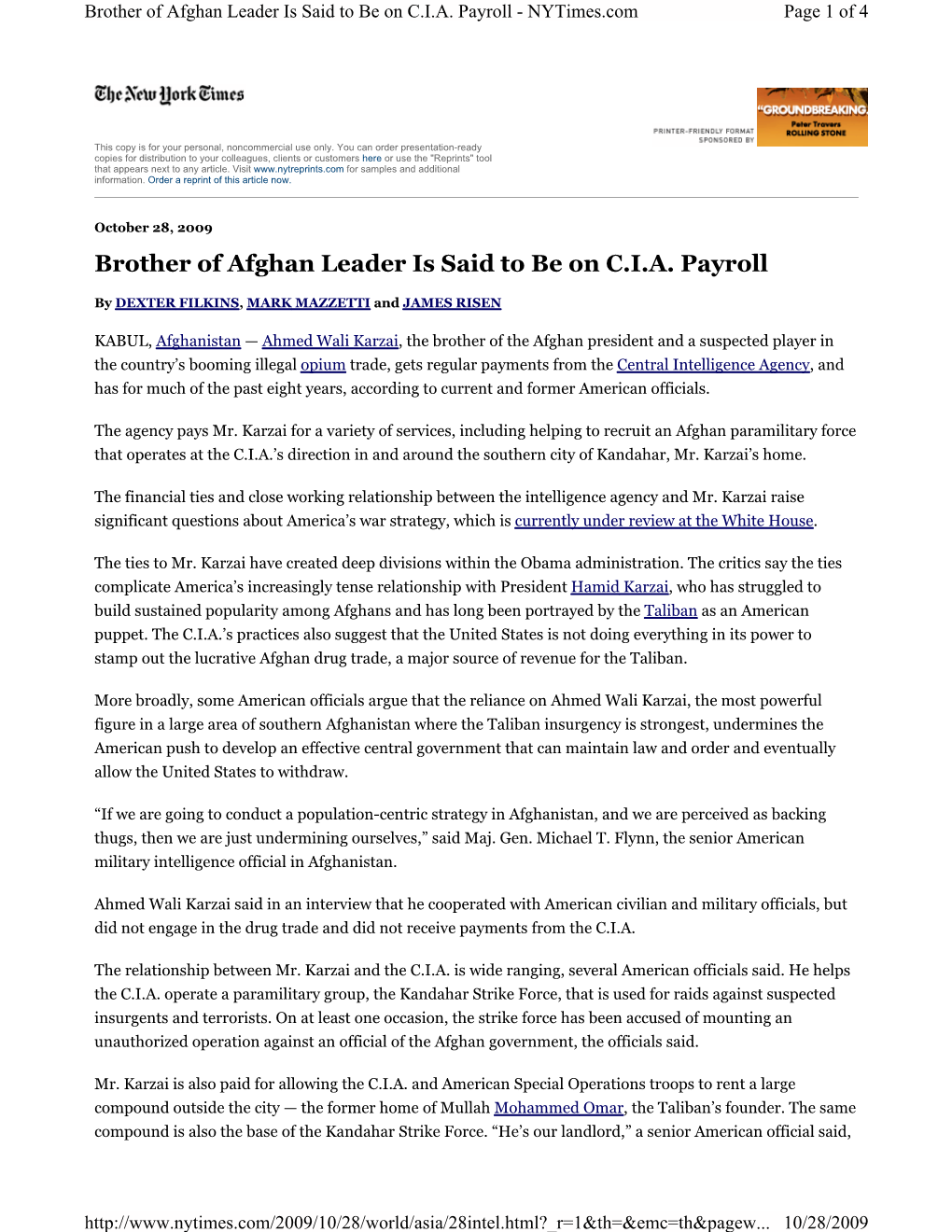 Brother of Afghan Leader Is Said to Be on C.I.A. Payroll - Nytimes.Com Page 1 of 4