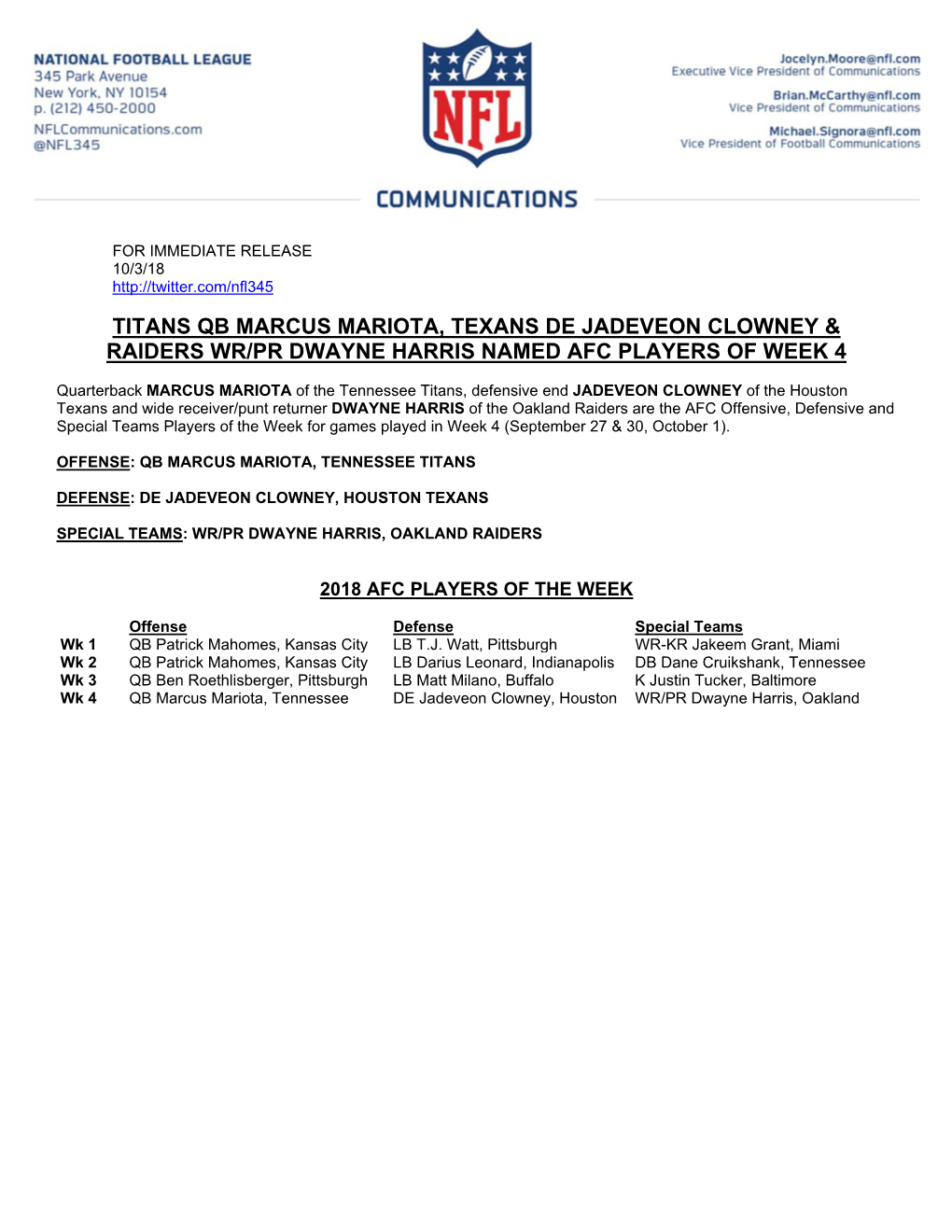 Titans Qb Marcus Mariota, Texans De Jadeveon Clowney & Raiders Wr/Pr Dwayne Harris Named Afc Players of Week 4