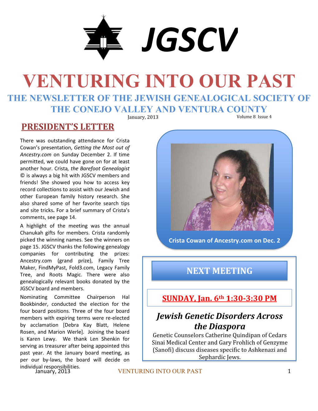 Jgscv Venturing Into Our Past the Newsletter of the Jewish Genealogical Society Of