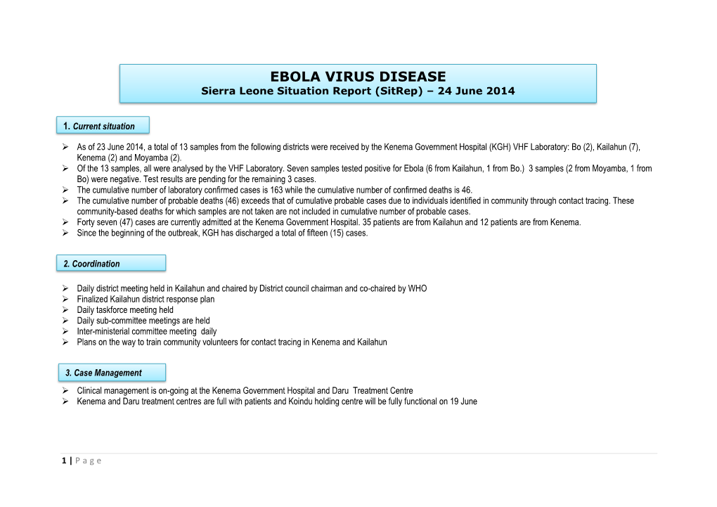 EBOLA VIRUS DISEASE Sierra Leone Situation Report (Sitrep) – 24 June 2014