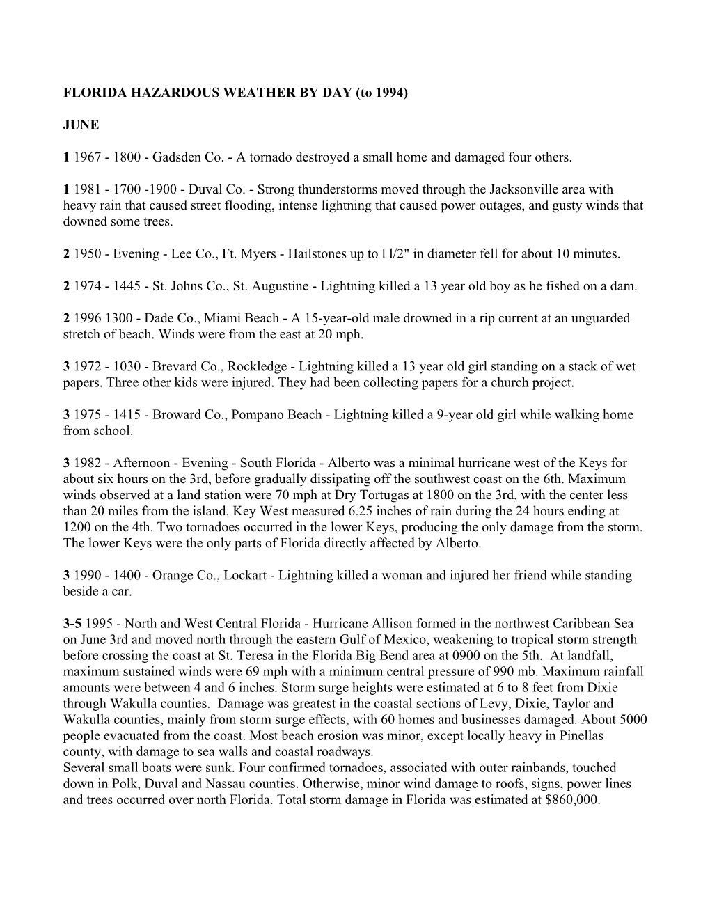 FLORIDA HAZARDOUS WEATHER by DAY (To 1994)