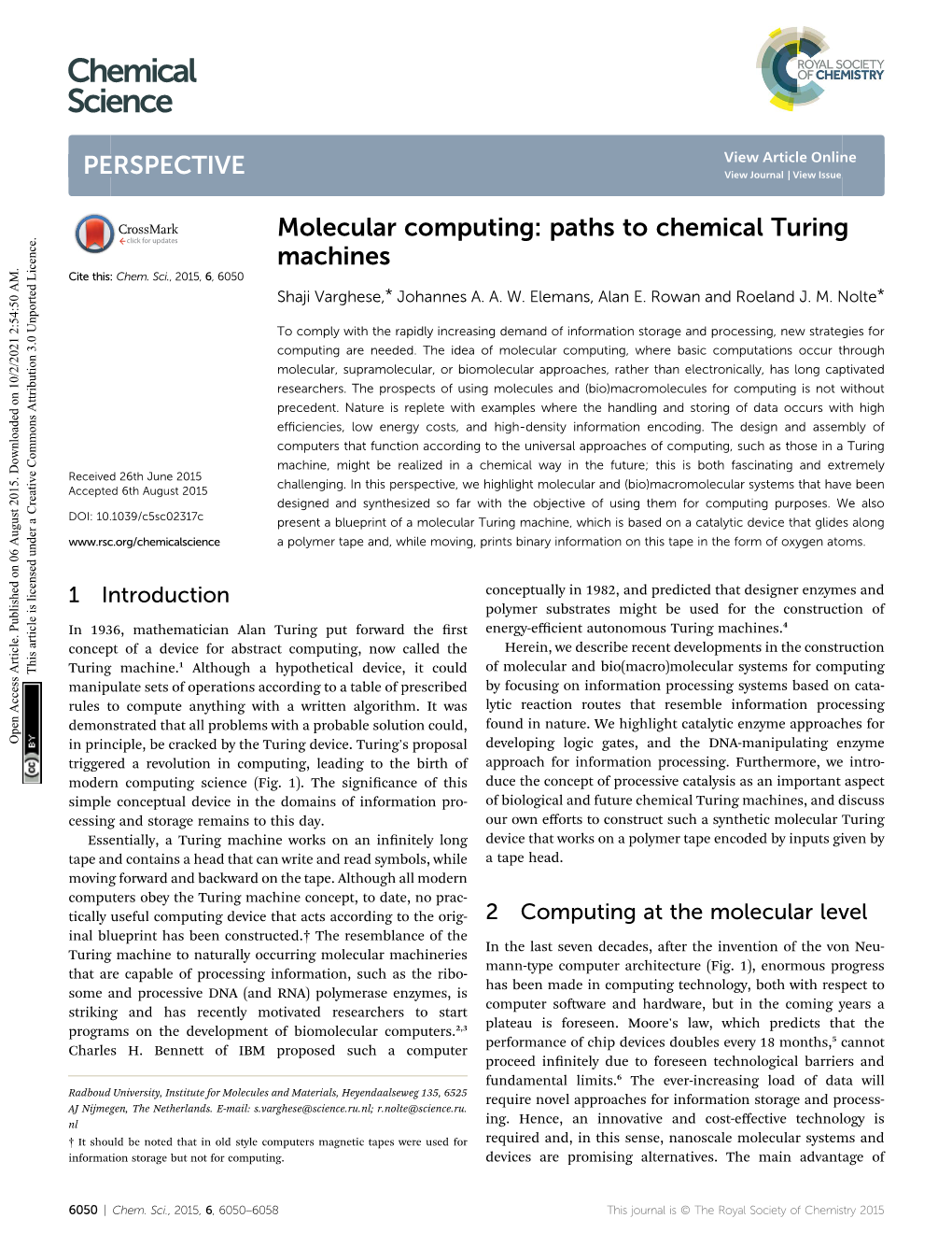 Molecular Computing: Paths to Chemical Turing Machines Cite This: Chem