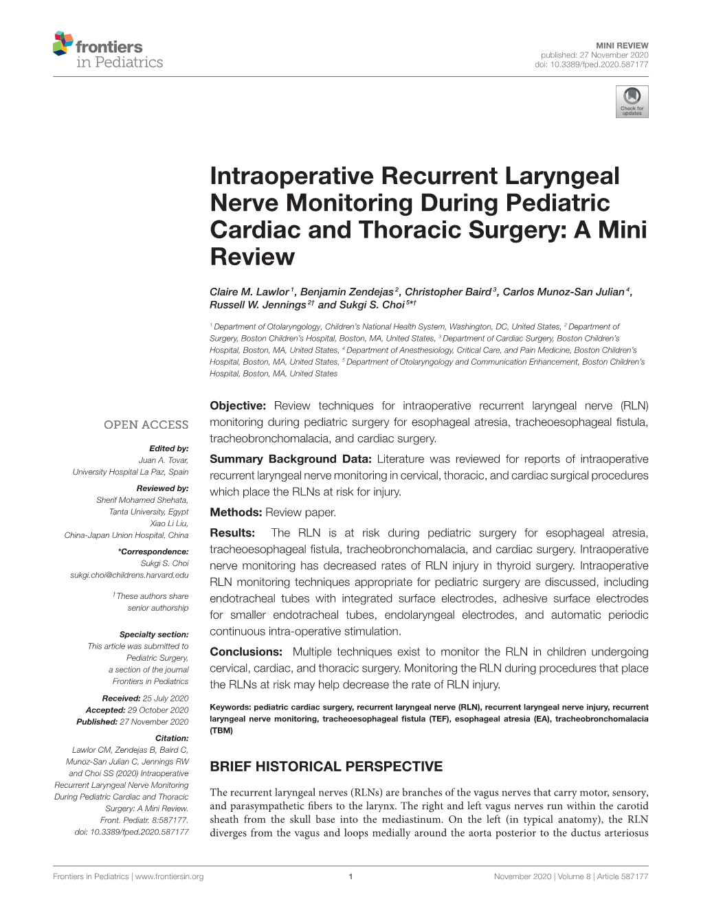 Intraoperative Recurrent Laryngeal Nerve Monitoring During Pediatric Cardiac and Thoracic Surgery: a Mini Review