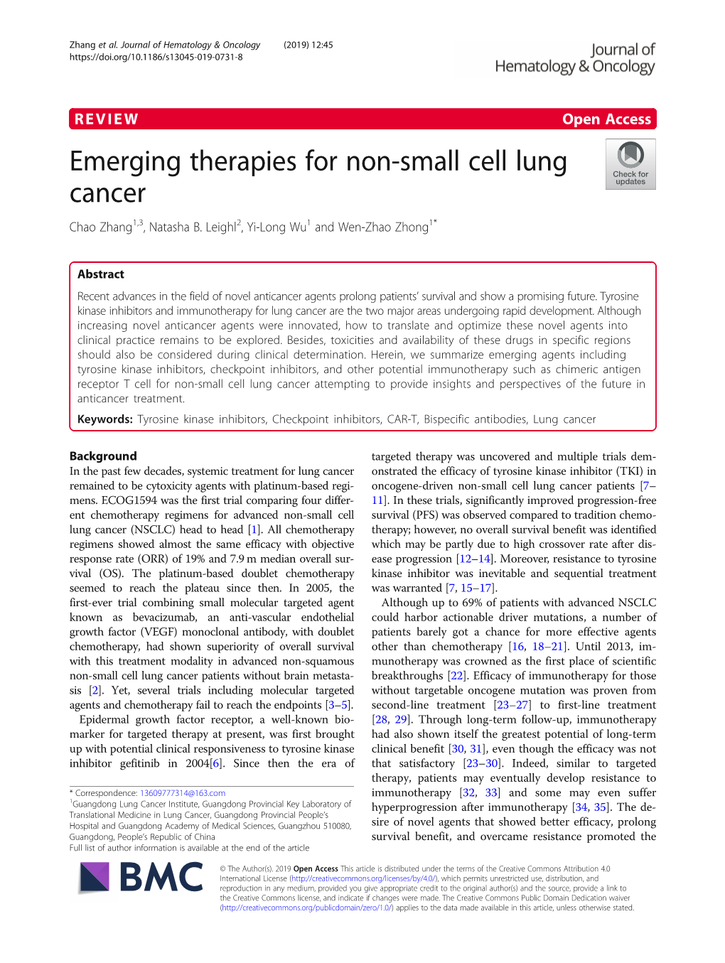 Emerging Therapies for Non-Small Cell Lung Cancer Chao Zhang1,3, Natasha B