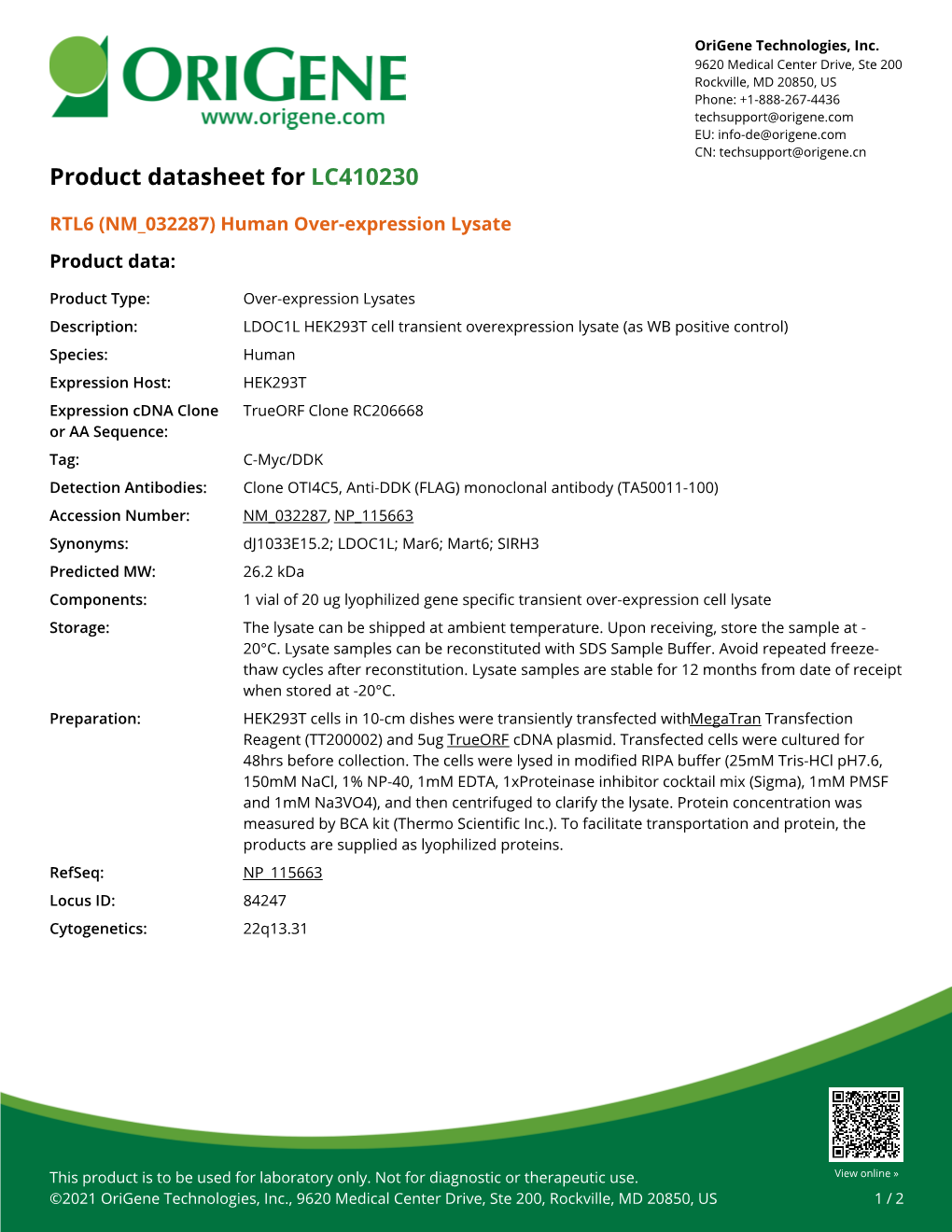 RTL6 (NM 032287) Human Over-Expression Lysate – LC410230 | Origene