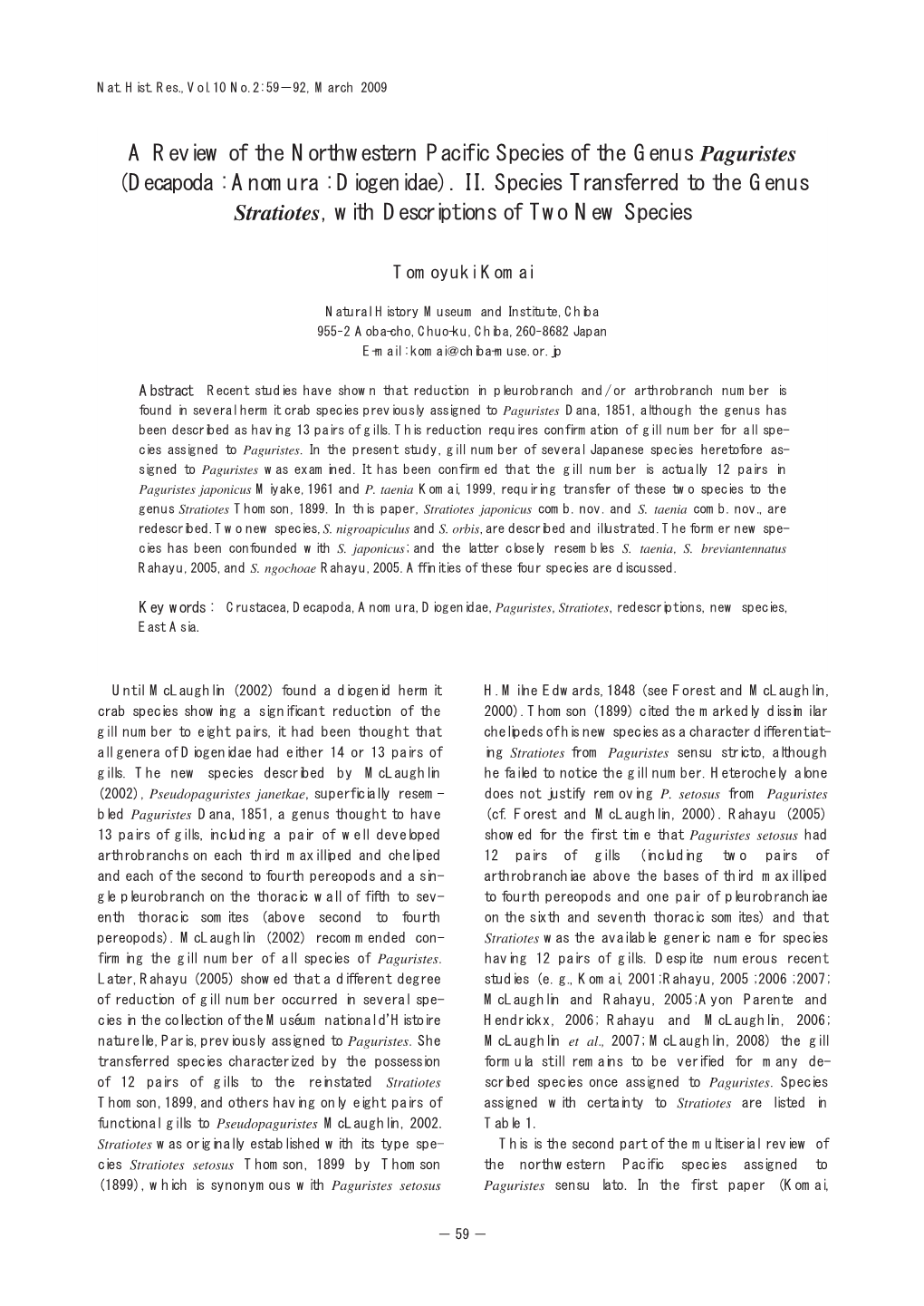 A Review of the Northwestern Pacific Species of the Genus Paguristes (Decapoda : Anomura : Diogenidae)