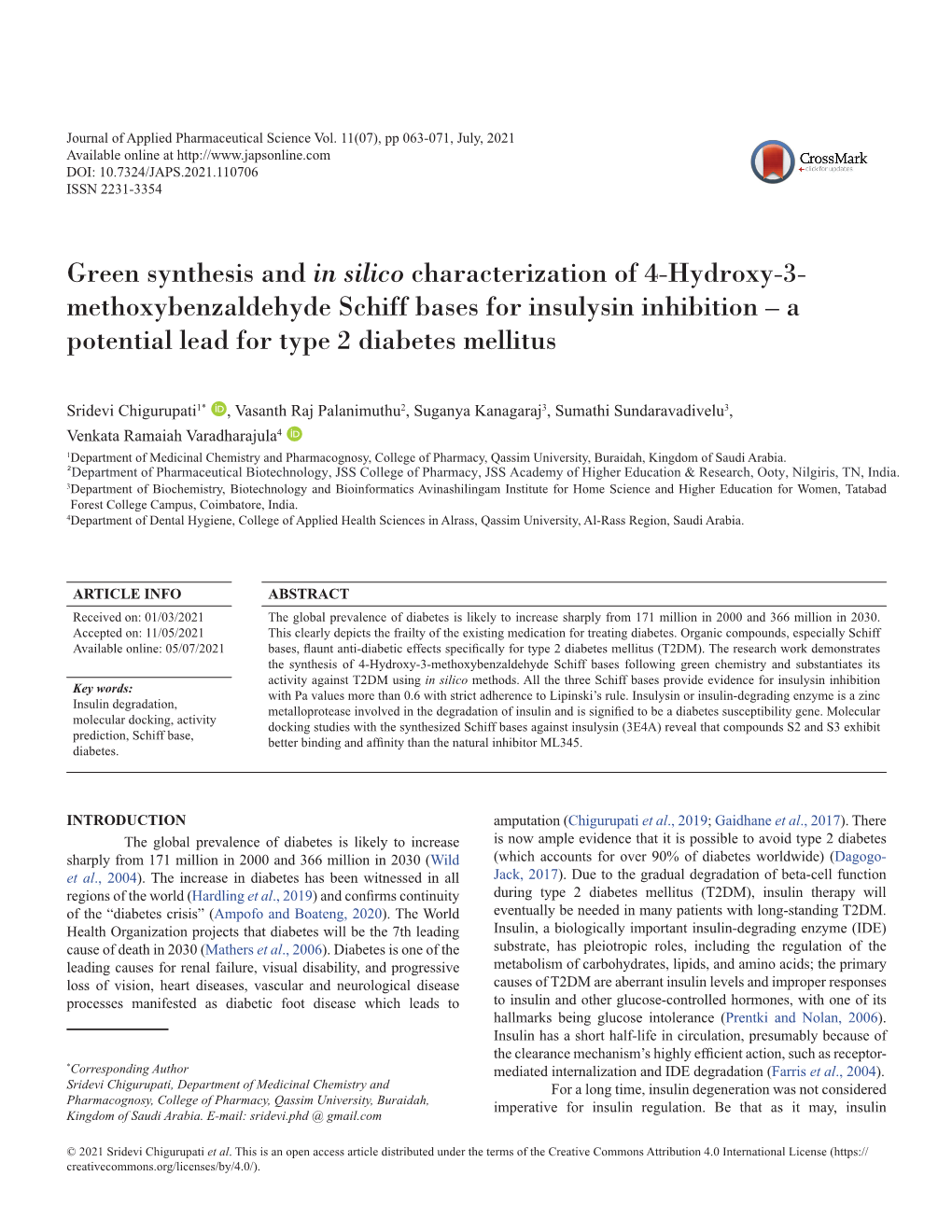 Green Synthesis and in Silico Characterization of 4-Hydroxy-3- Methoxybenzaldehyde Schiff Bases for Insulysin Inhibition –