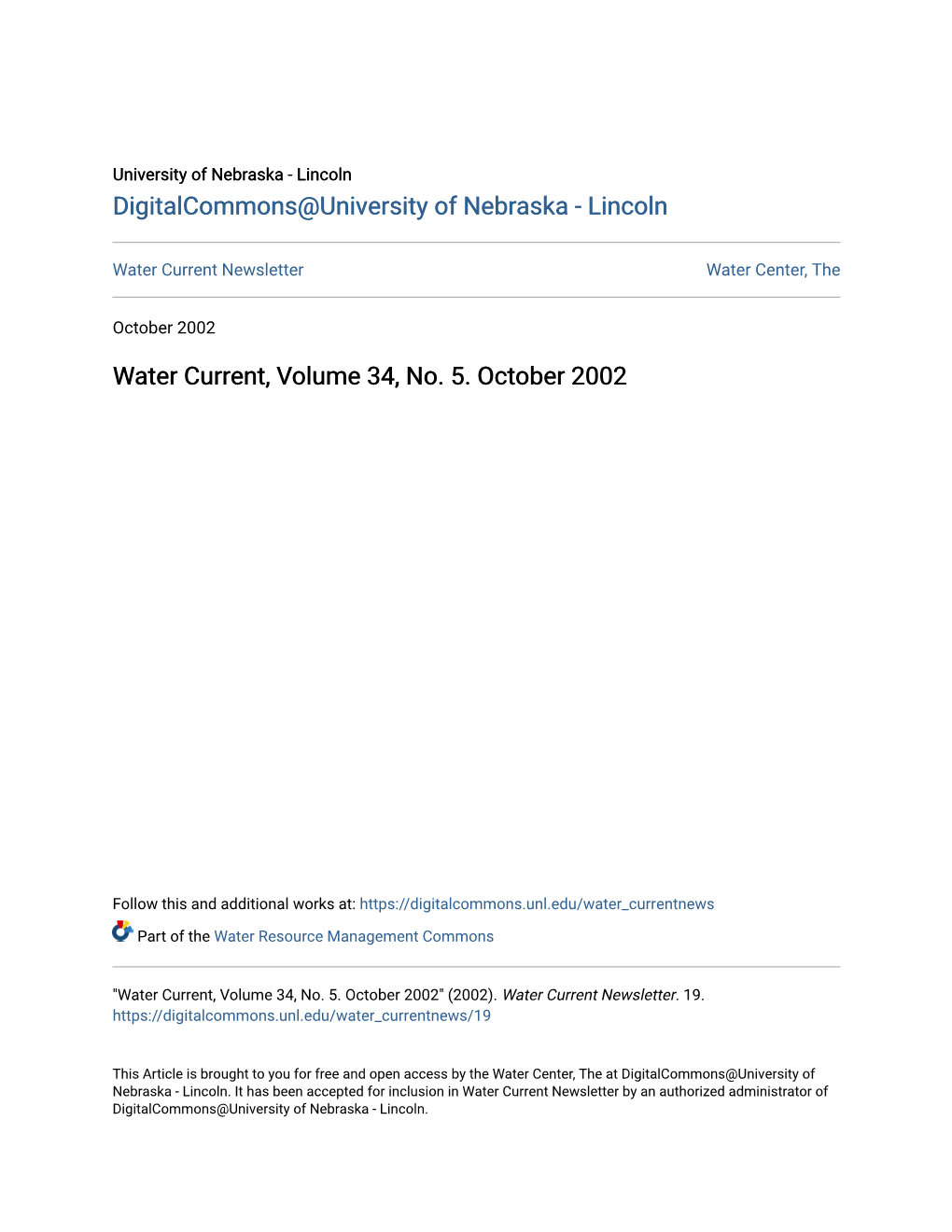 Water Current, Volume 34, No. 5. October 2002