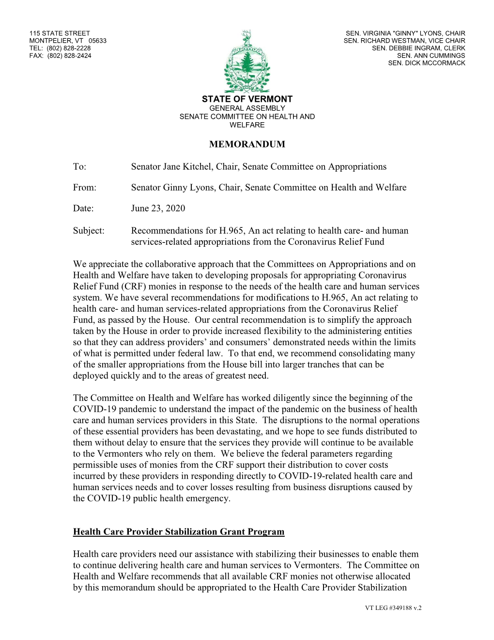 H.965: Senate Health and Welfare Memorandum to Senate