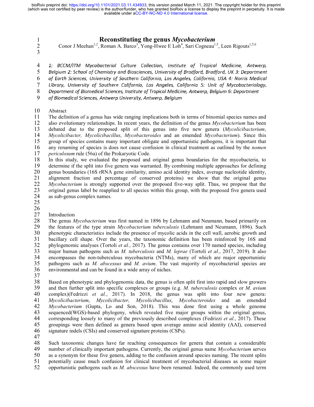 Reconstituting the Genus Mycobacterium 2 Conor J Meehan1,2, Roman A