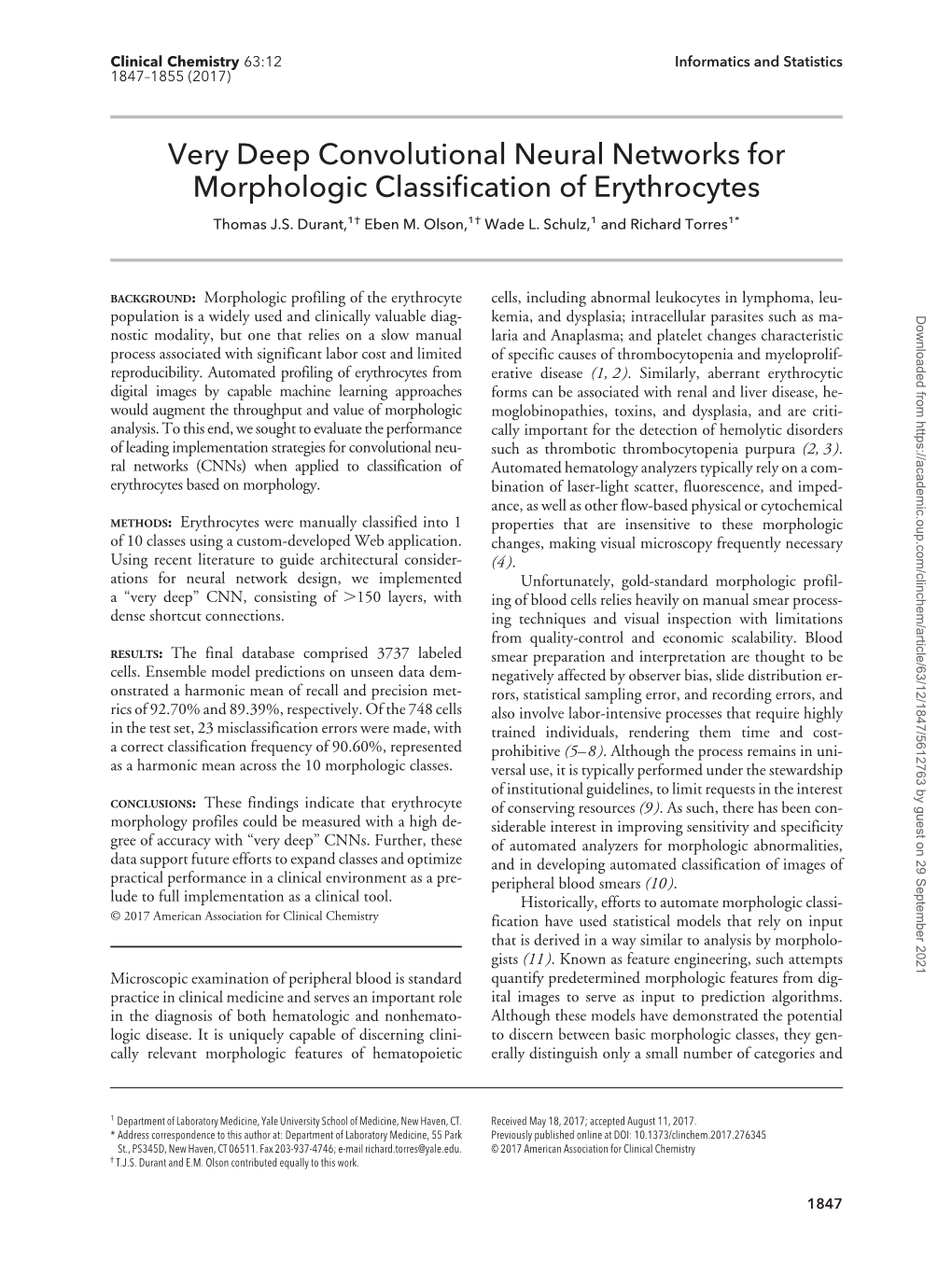 Very Deep Convolutional Neural Networks for Morphologic Classiﬁcation of Erythrocytes Thomas J.S