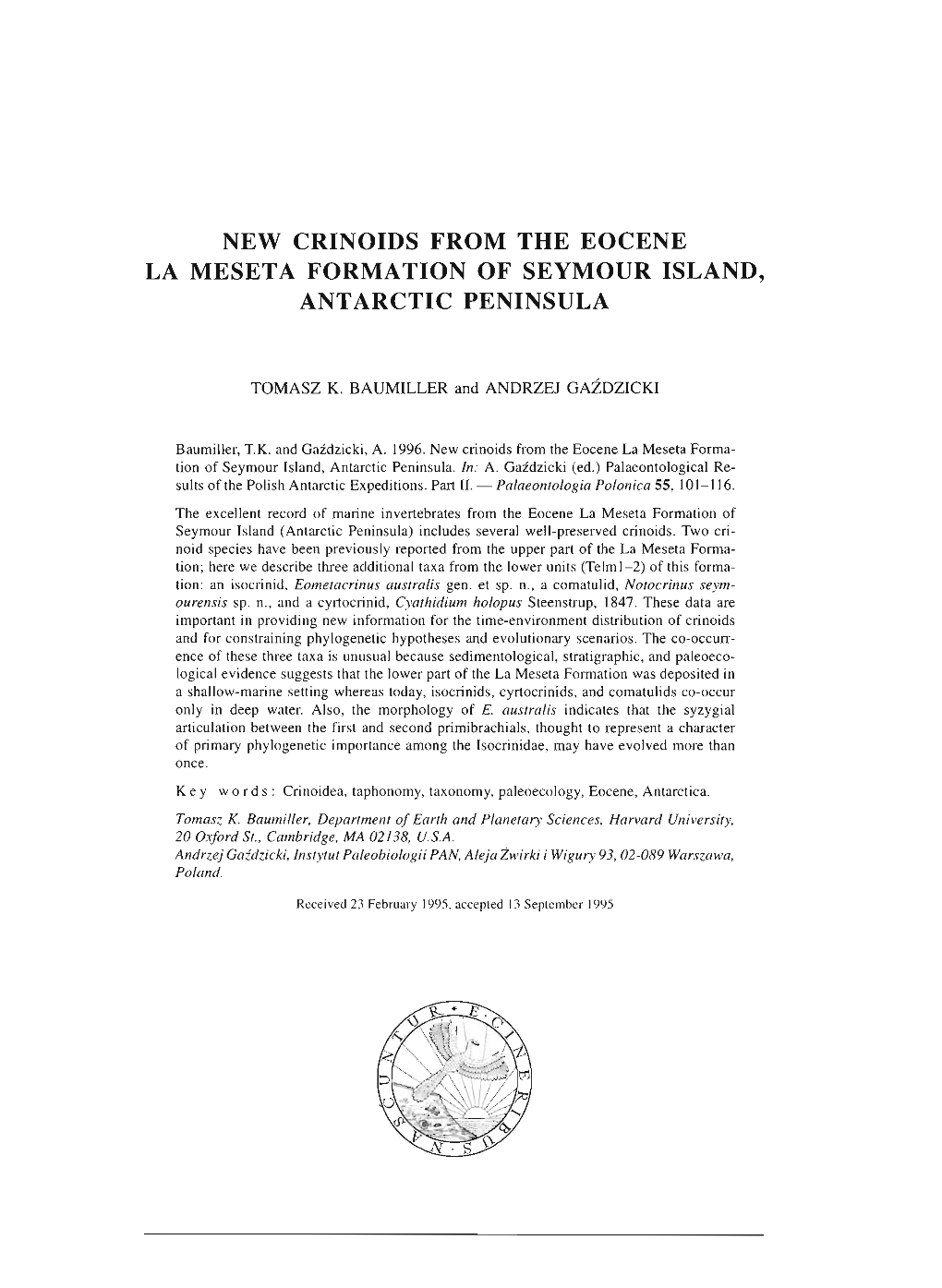 New Crinoids from the Eocene La Meseta Formation of Seymour Island, Antarctic Peninsula