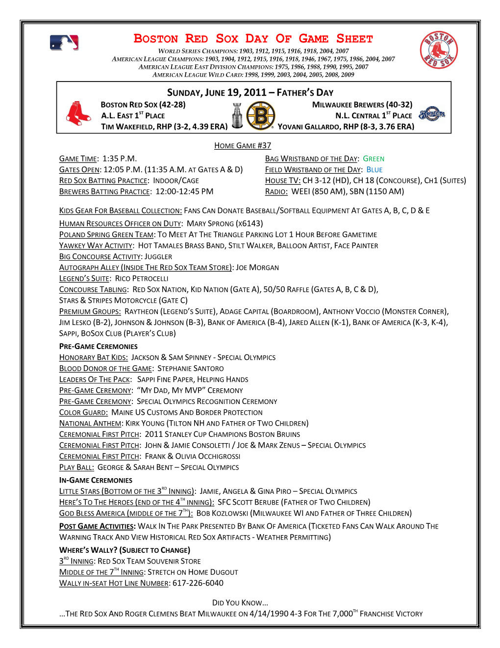 Boston Red Sox Day of Game Sheet