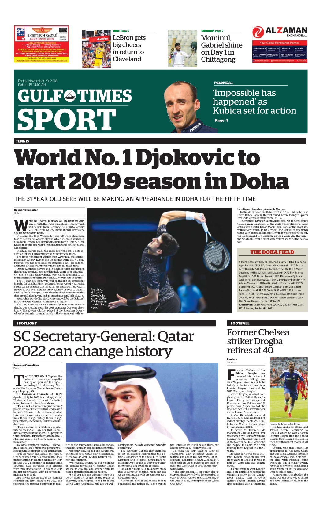 GULF TIMES Happened’ As Kubica Set for Action SPORT Page 4 TENNIS World No