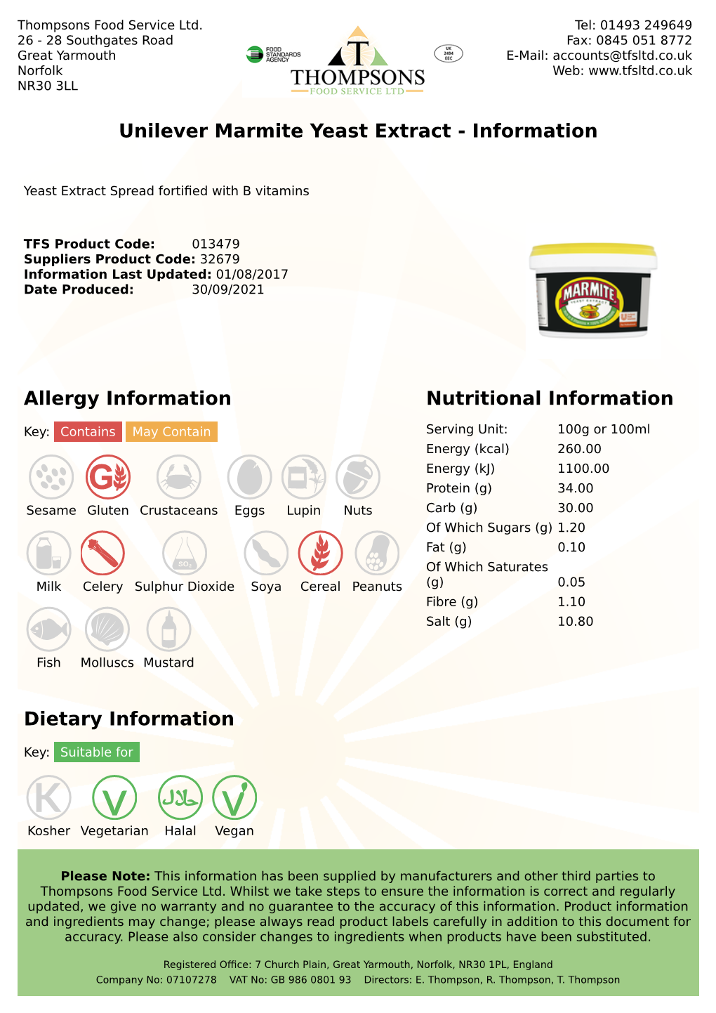 Unilever Marmite Yeast Extract - Information