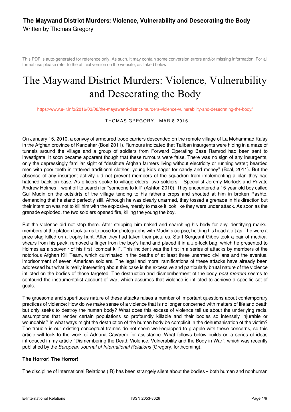 The Maywand District Murders: Violence, Vulnerability and Desecrating the Body Written by Thomas Gregory