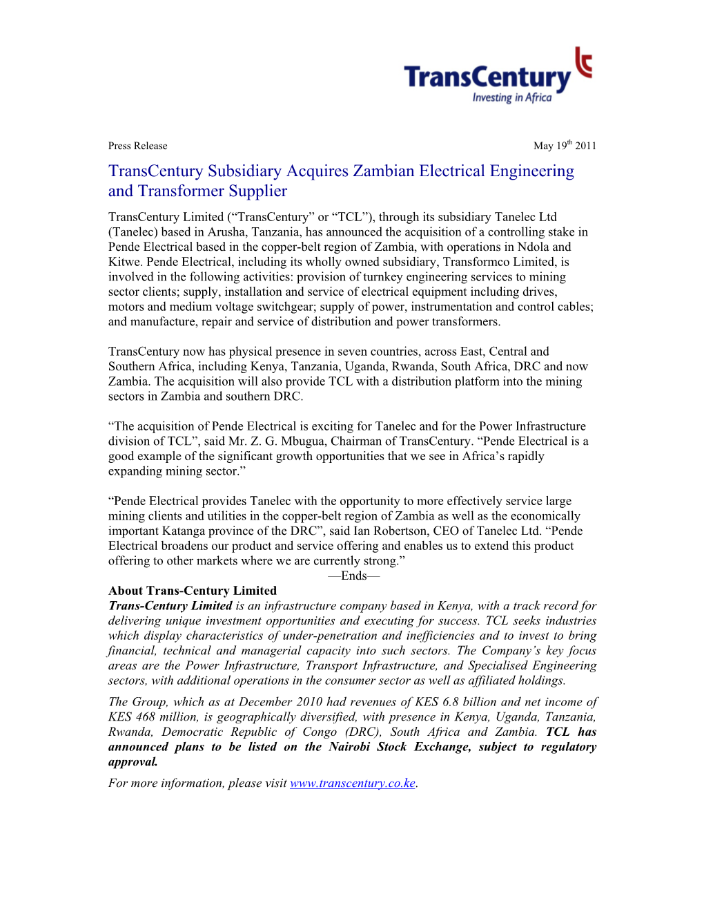 Transcentury Subsidiary Acquires Zambian Electrical Engineering And