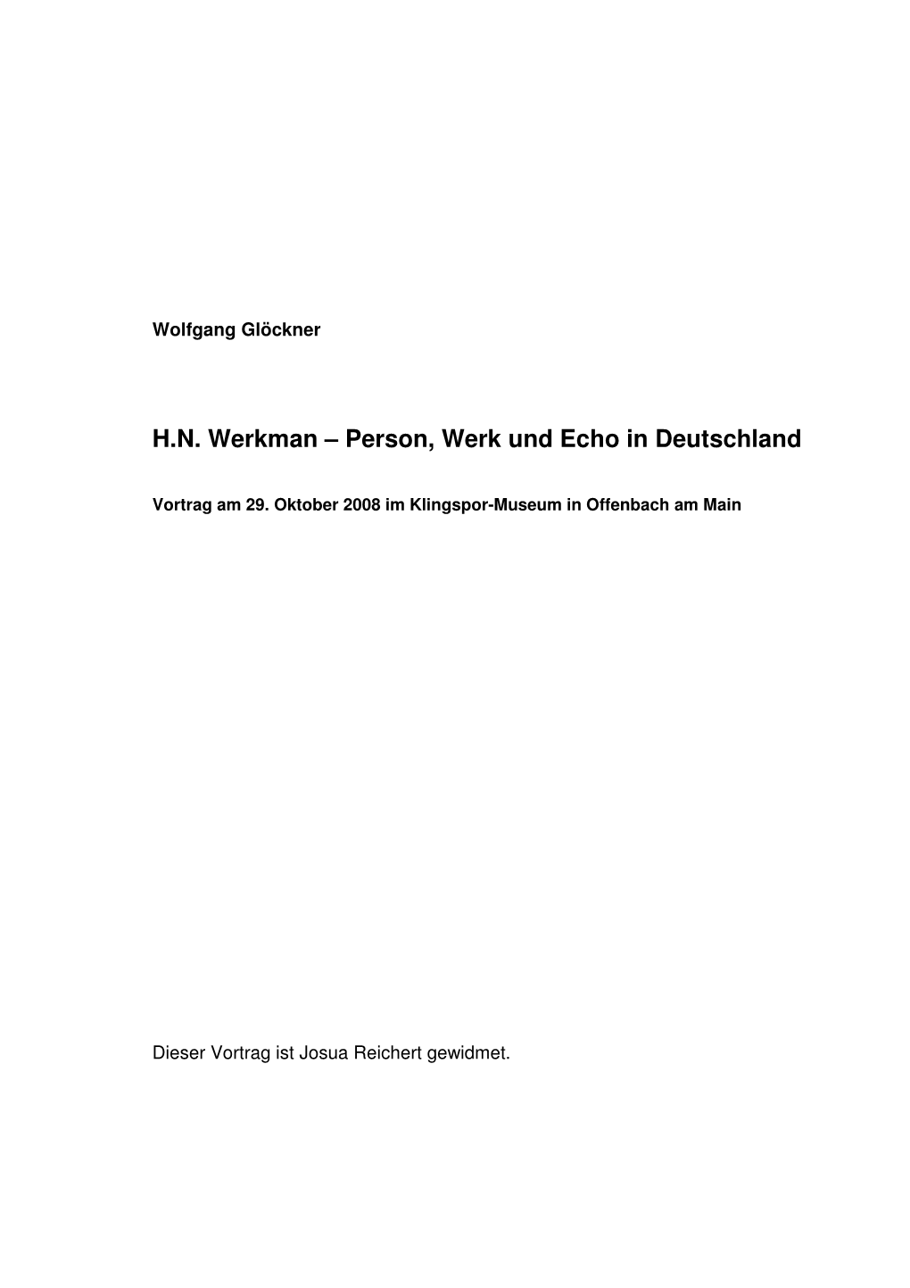 H. N. Werkman. Vortrag Von Wolfgang Gl-366Ckner