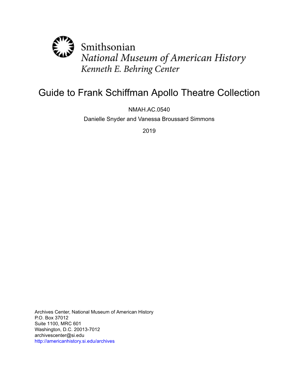 Guide to Frank Schiffman Apollo Theatre Collection