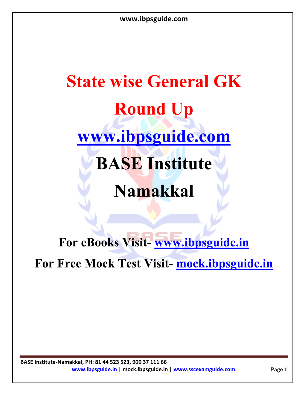 State Wise General GK Round up BASE Institute Namakkal