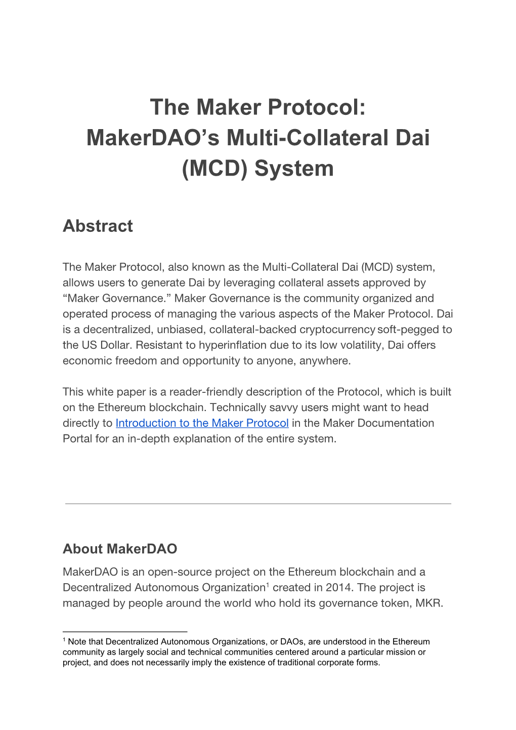 The Maker Protocol: Makerdao's Multi-Collateral Dai (MCD) System