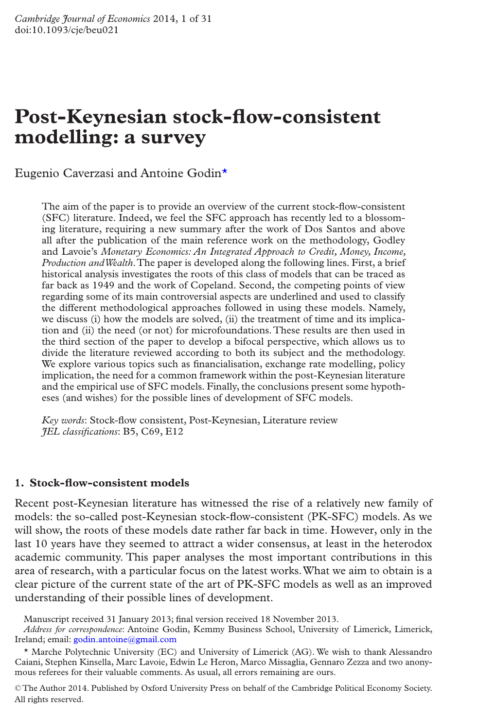 Post-Keynesian Stock-Flow-Consistent Modelling: a Survey Downloaded from Eugenio Caverzasi and Antoine Godin*