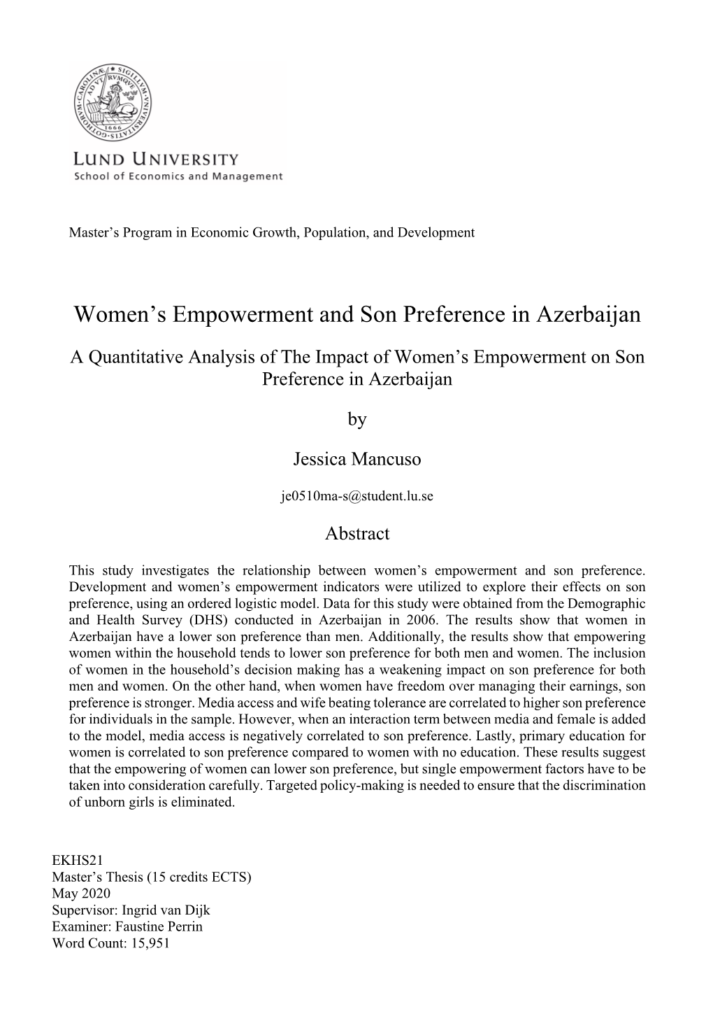 Women's Empowerment and Son Preference in Azerbaijan