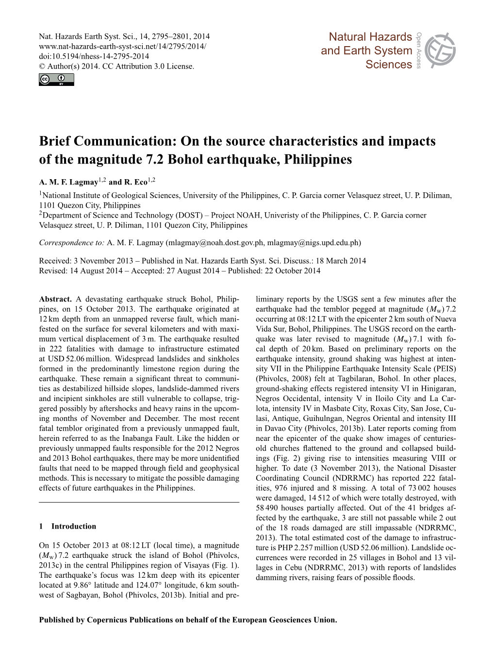On the Source Characteristics and Impacts of the Magnitude 7.2 Bohol Earthquake, Philippines