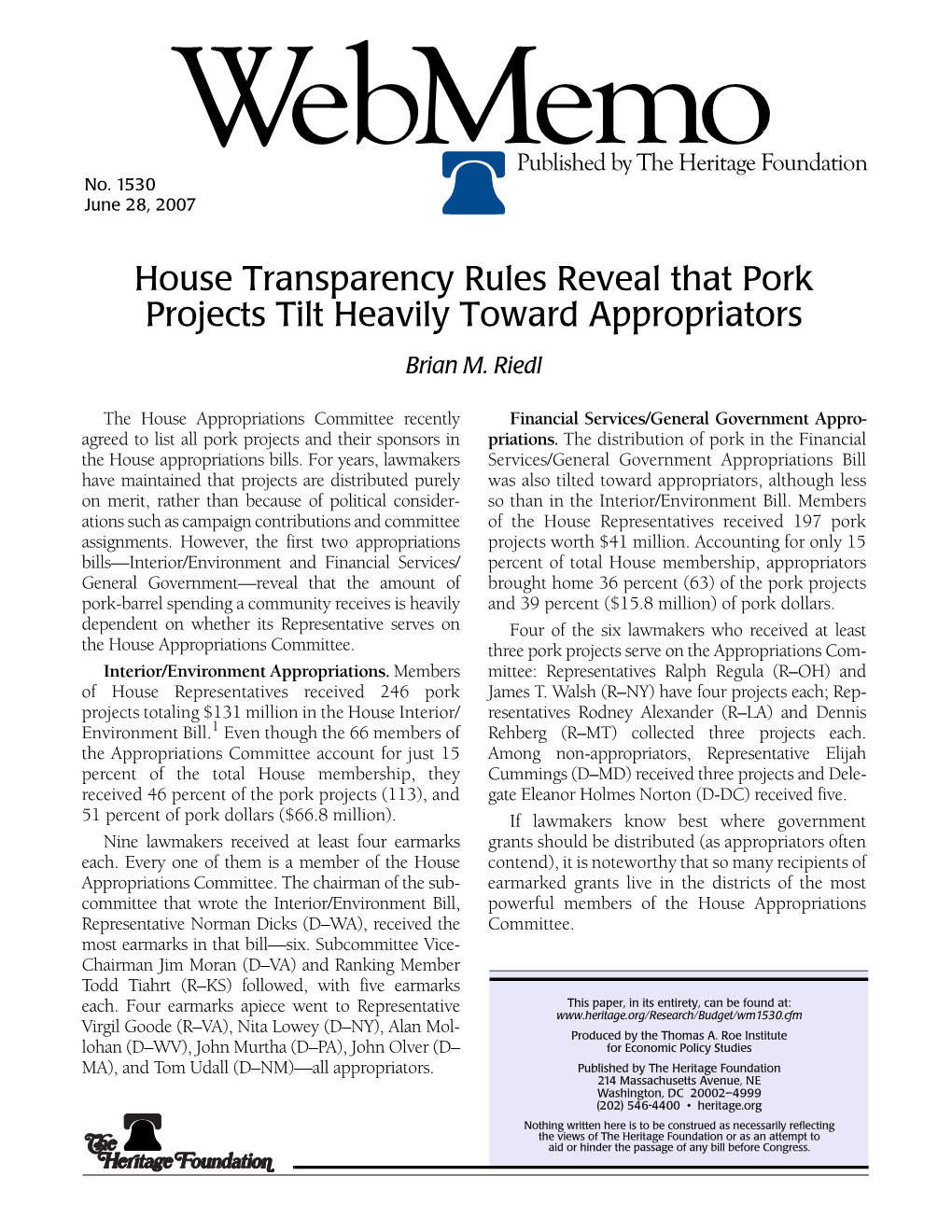 House Transparency Rules Reveal That Pork Projects Tilt Heavily Toward Appropriators Brian M