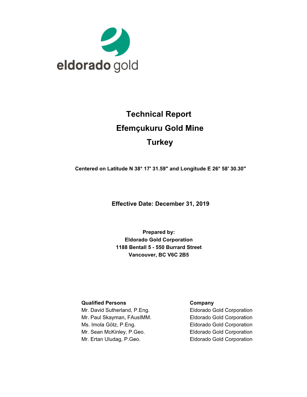 Technical Report Efemçukuru Gold Mine Turkey