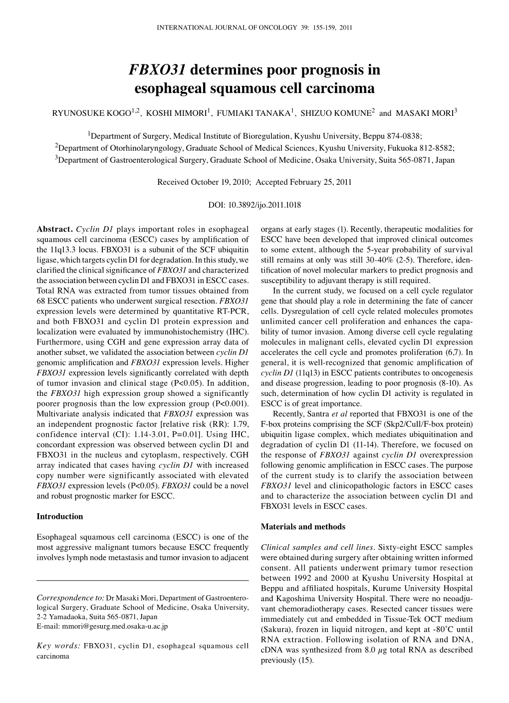 FBXO31 Determines Poor Prognosis in Esophageal Squamous Cell Carcinoma