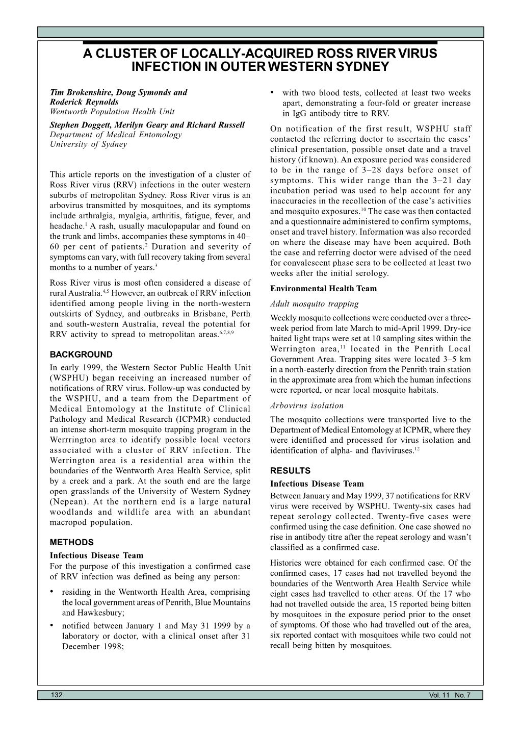 A Cluster of Locally-Acquired Ross River Virus Infection in Outer Western Sydney