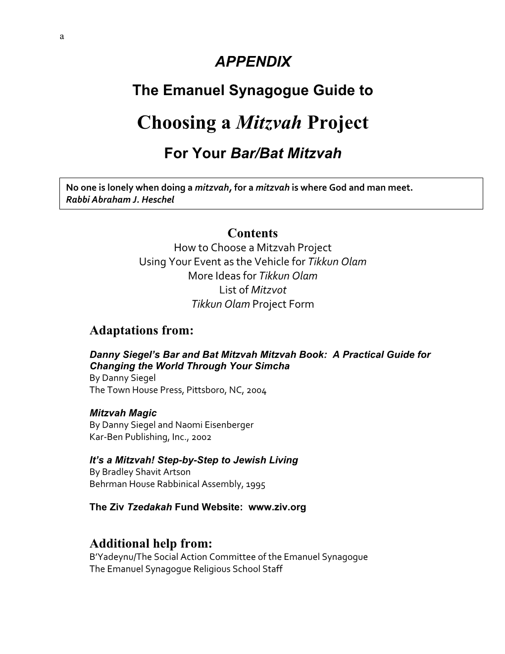 Mitzvah Project Appendix