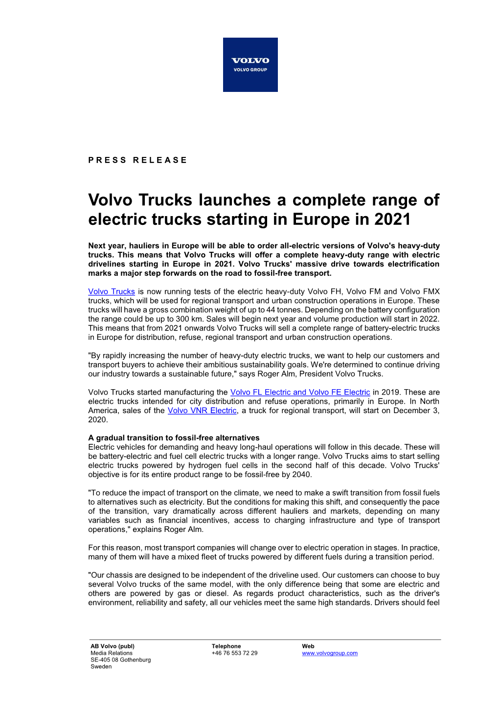 Volvo Trucks Launches a Complete Range of Electric Trucks Starting in Europe in 2021