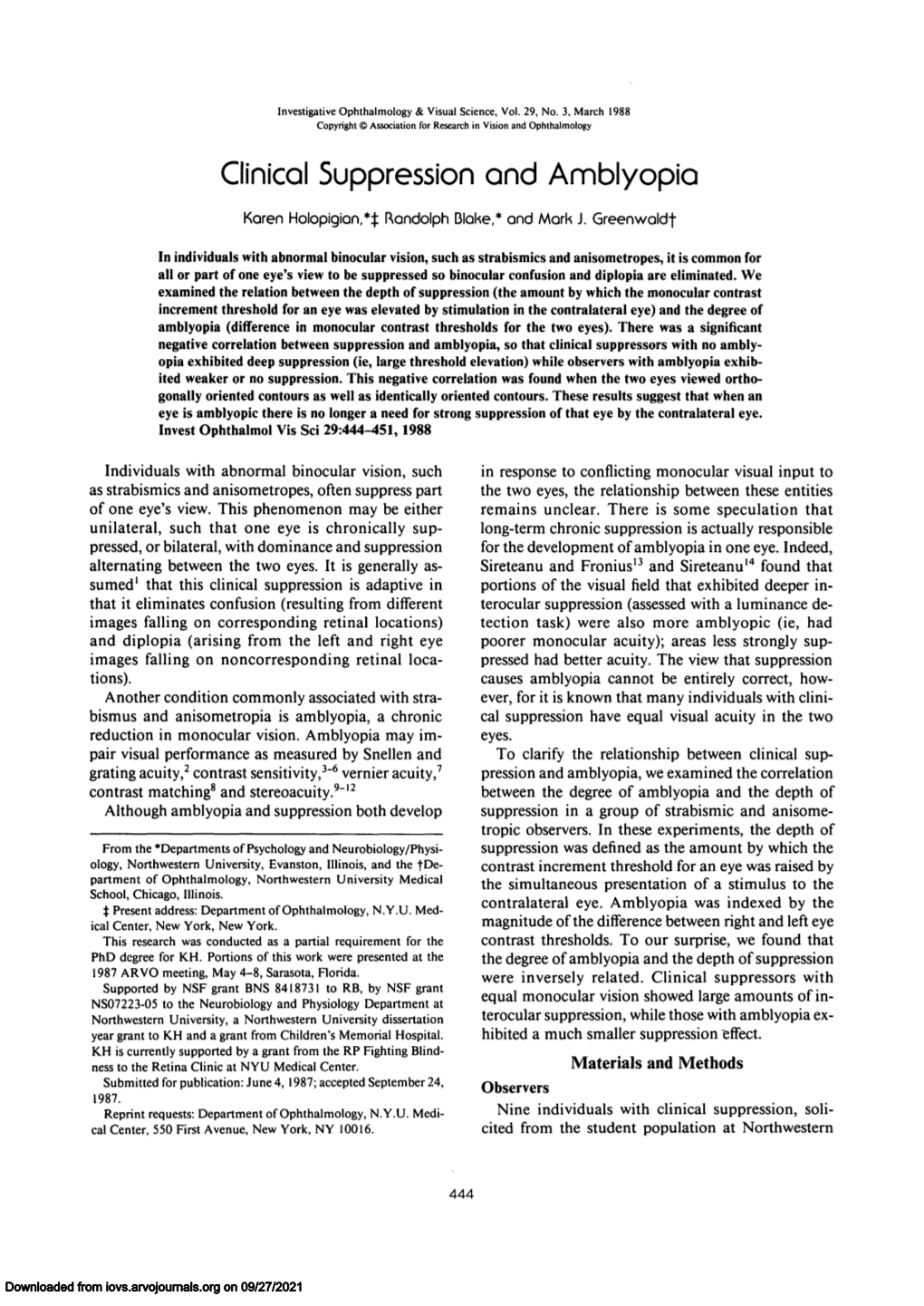 Clinical Suppression and Amblyopia