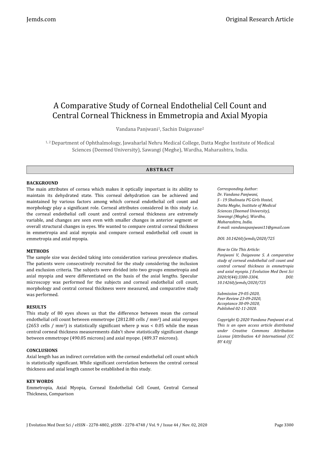 A Comparative Study of Corneal Endothelial Cell Count and Central Corneal Thickness in Emmetropia and Axial Myopia